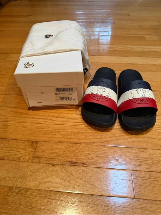 Moncler Men’s Tricolor Logo Strap Slide Sandals in Navy White Red