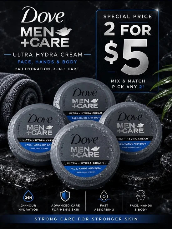 Dove Men+Care Ultra Hydra Cream – Face, Hands & Body | 2 for $5