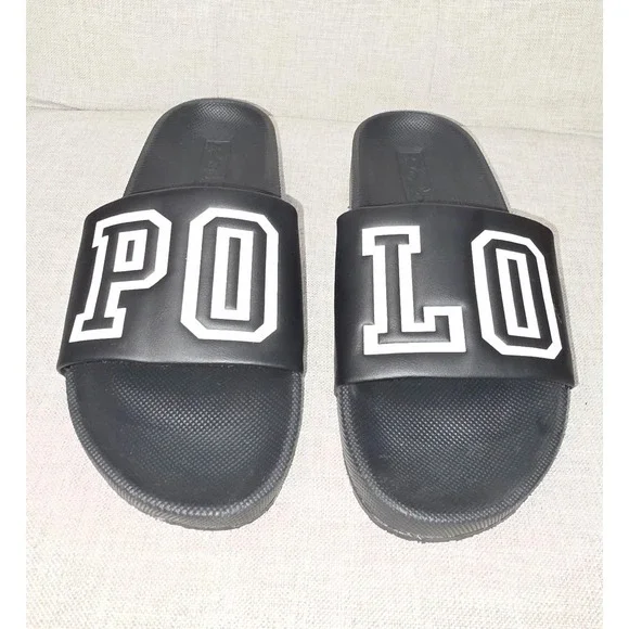 Polo Ralph Lauren Cayson Mens Slides Black White Logo Sandals Size 13 01087-D21