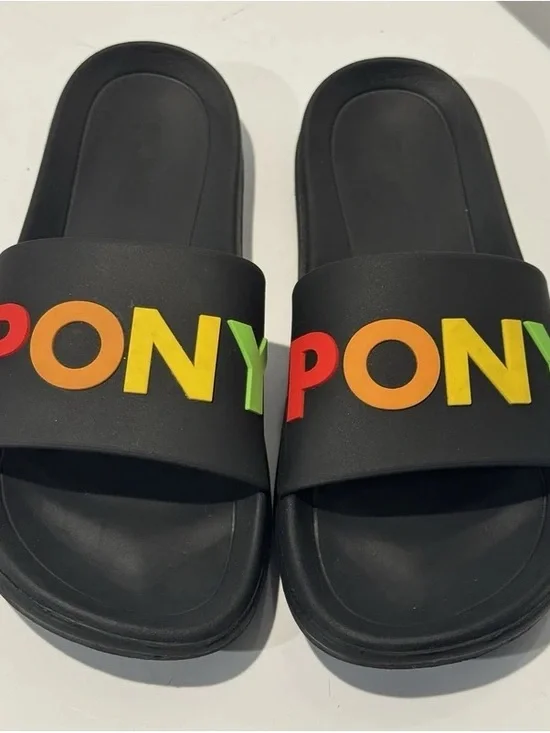 Pony Black Slides with Rainbow PONY Logo