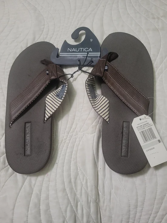 Nautica Men's Dark Brown Flip Flop Sandals with Striped Liner