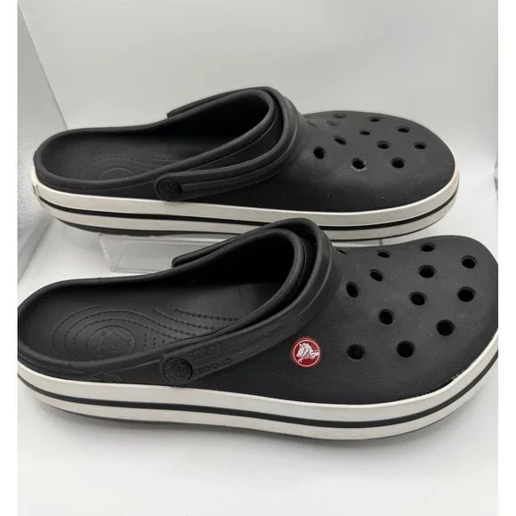 Crocs Crocband Clogs Sandals Men's Size 11  Black/White Retro Racing Stripe Logo
