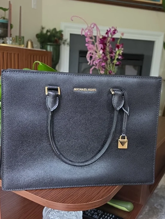 MICHAEL KORS Black Leather Satchel with Gold Hardware