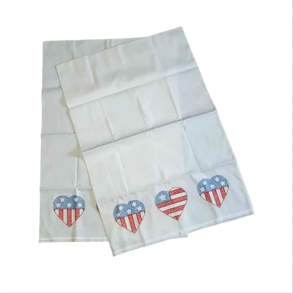 New HANDMADE PATRIOTIC PILLOWCASES Red White & Blue Cross-stitch Hearts