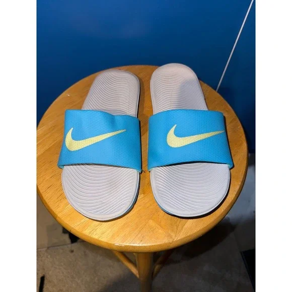 Nike Kawa Slides Blue Grey Yellow Swoosh Athletic Comfort Sandals‎ US 8