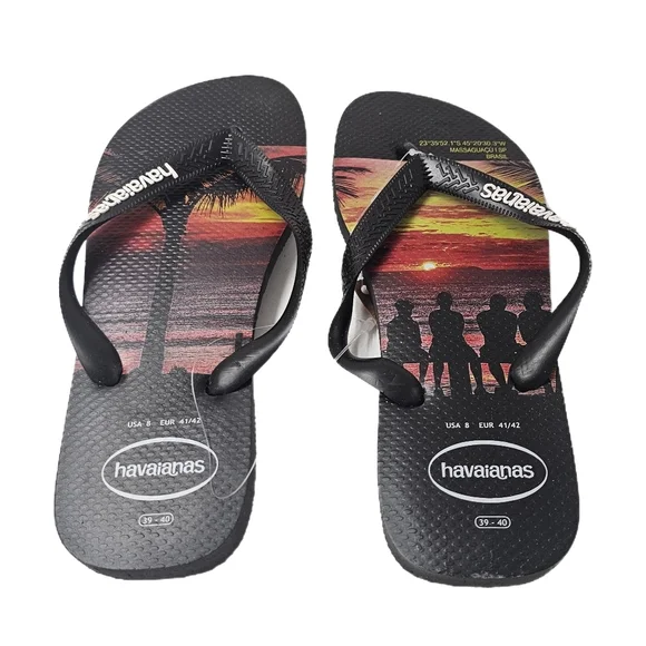 Havaianas Hype Sunset Graphic Flip Flops Black Rubber Sandals Sz 8