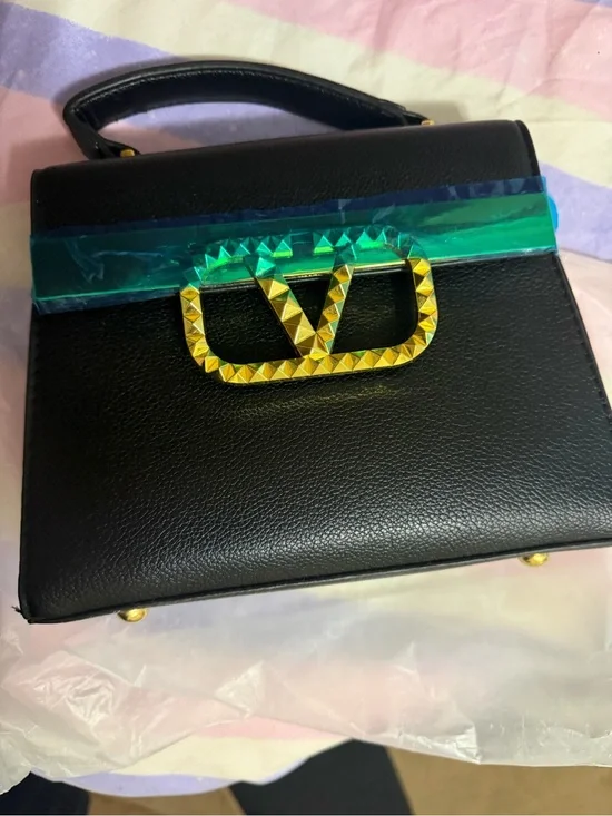 Valentino Garavani Black Leather Top-Handle Satchel with Gold V Stud Logo