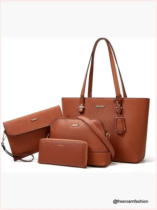 Synthetic Leather Satchel Handbag Set 4pcs Tote Shoulder Crossbody Bag Wallet