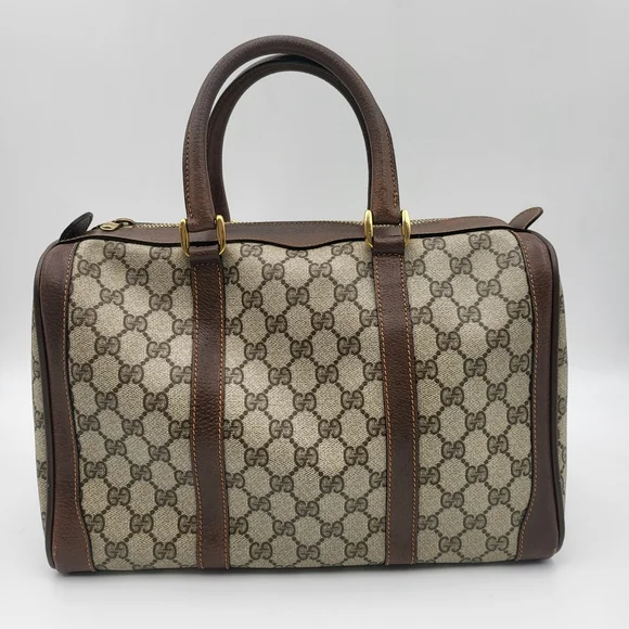 Gucci Beige Monogram GG Canvas Satchel with Brown Leather Handles