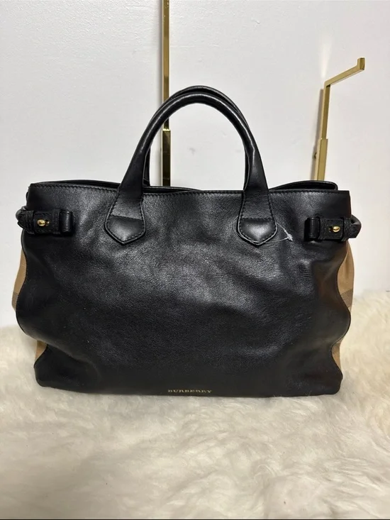 Burberry Black Leather Tote with Haymarket Check Sides