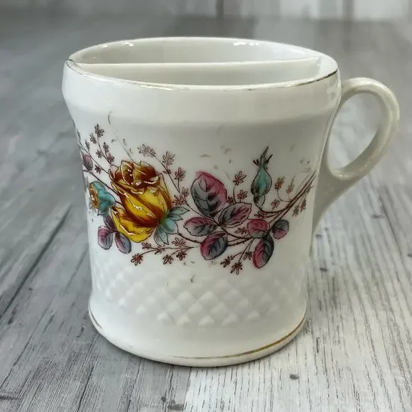 Vintage Textured White Multicolor Floral Accent Gold Trim Shaving Mug Cup Decor