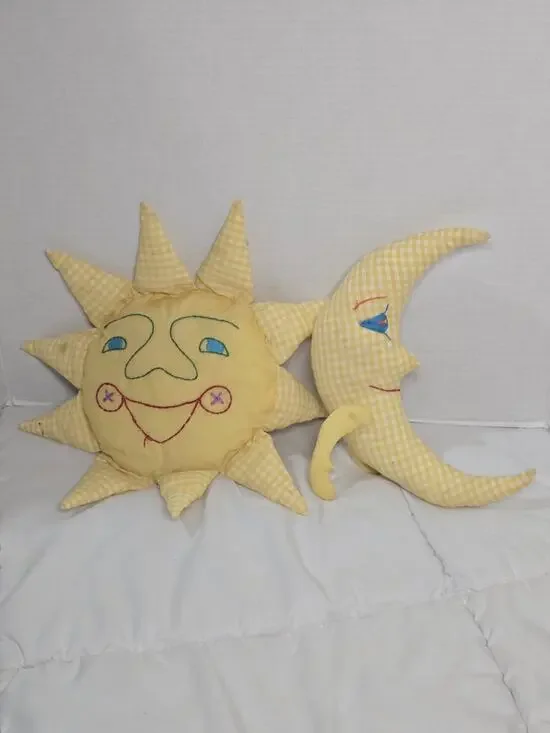 Pair Vintage 60s Celestial Whimsigoth Plaid Sun Moon Stuffed Pillows No Brand