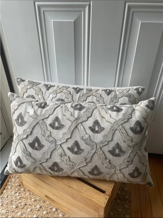 Callisto Cream and Gray Embroidered Lumbar Accent Pillow