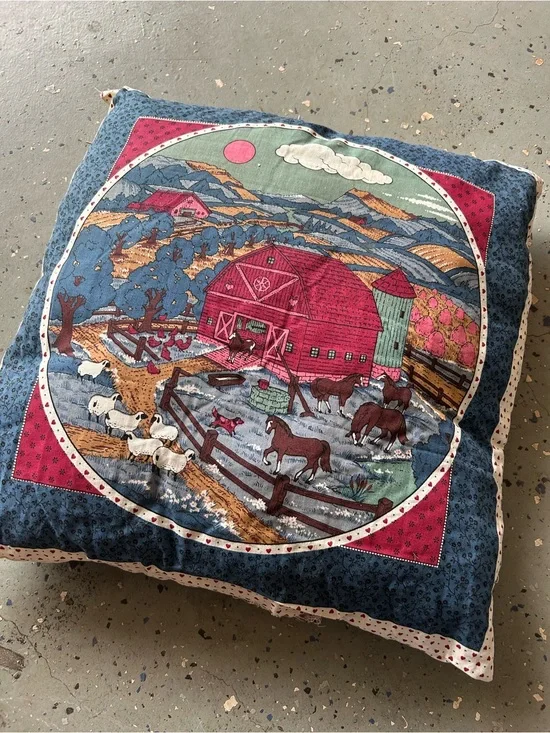 VINTAGE Farmhouse Barn Scene Decorative Pillow - Red & Blue