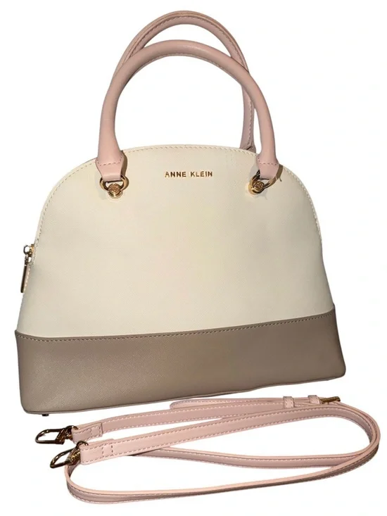Anne Klein Cream and Taupe Dome Satchel with Pale Pink Strap