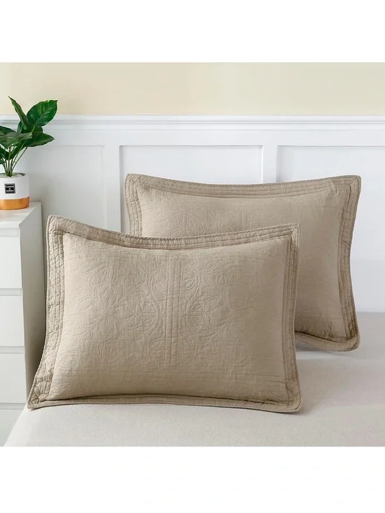 100% Cotton Quilted Pillow Sham Floral Printed Pillow Cover King Size (Khaki)