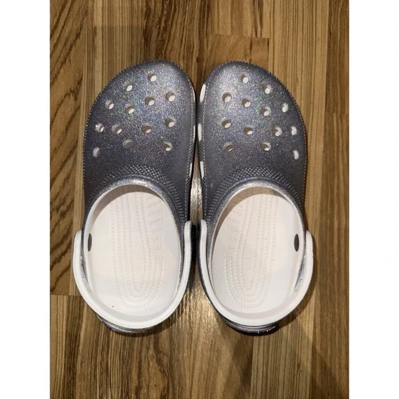 Crocs Unisex Classic Silver Glitter Sparkle Iridescent Size M5 W7 EUC
