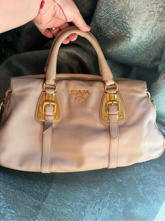 Prada Soft Calfskin Shopping Satchel in Sabbia with gold-tone hardware