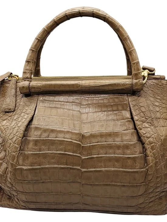 NANCY GONZALEZ TAUPE GENUINE CROCODILE DOUBLE TOP HANDLE SATCHEL HANDBAG