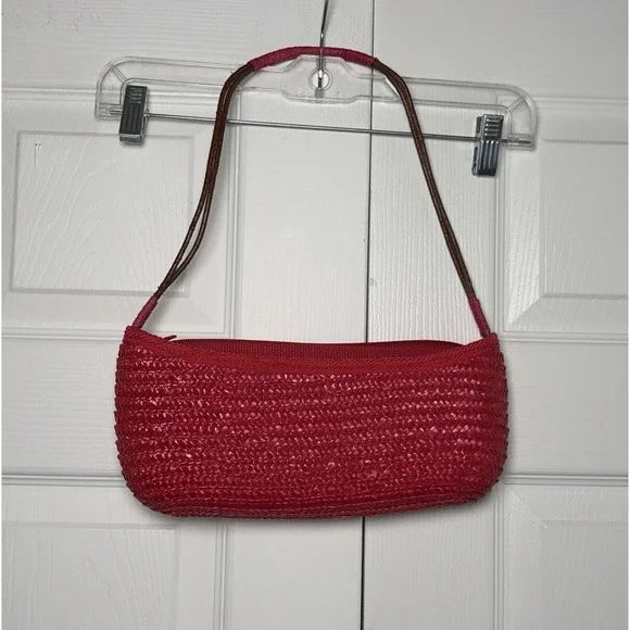 Y2K Straw‎ Baguette Bag Womens Size S Red Woven Wheat Straw Vintage Boho