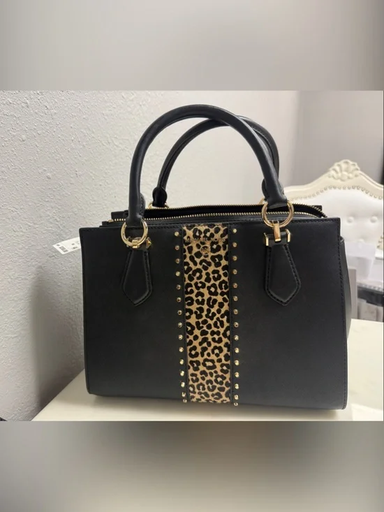 Michael Kors Black Marilyn Satchel with Leopard Stripe & Gold Hardware