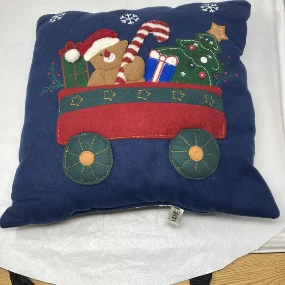 Christmas Throw Pillow 3D Felt Appliqué Teddy Bear Candy Cane Tree ~17x17”