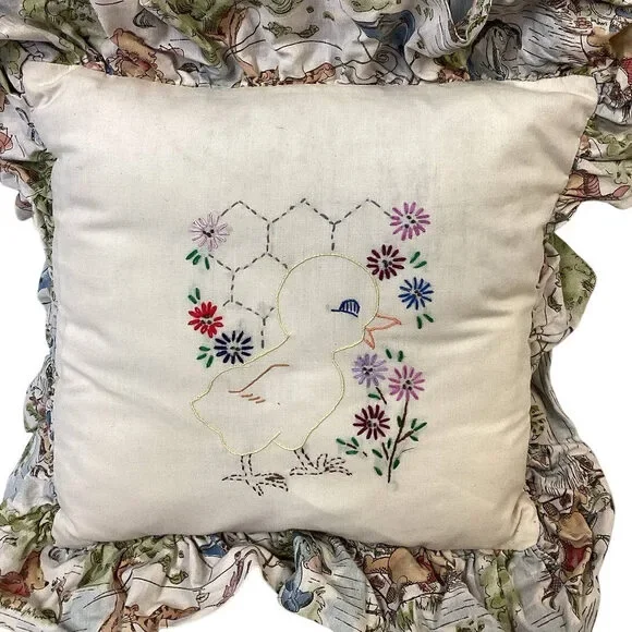 Vintage Handmade Winnie the Pooh Needlepoint Ducky Small Square Throw Pillow
