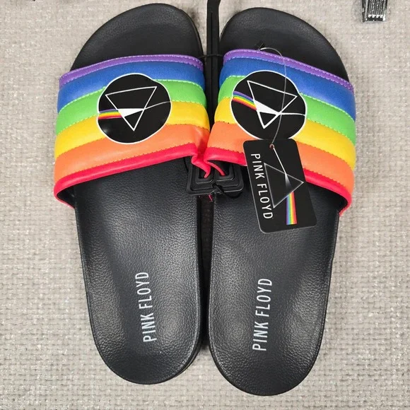 Pink Floyd Dark Side of the Moon Rainbow Slide Sandals Mens XL Black Bioworld