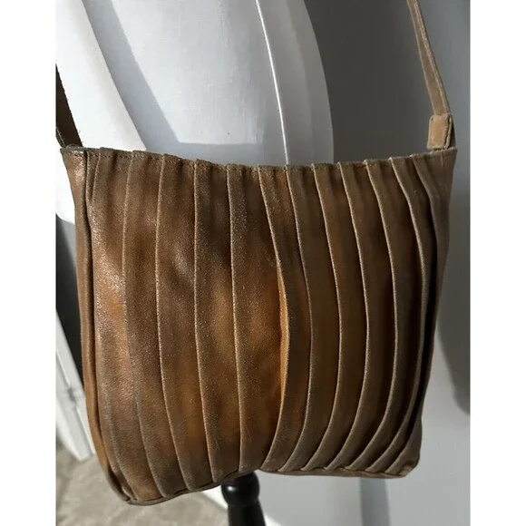 YKK Vintage Brown Leather Accordion Purse Satchel Crossbody Shoulder Bag Handbag
