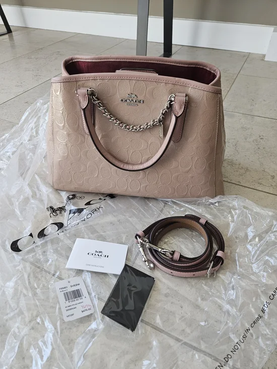 COACH Signature Debossed Patent LEATHER Margot Carryall​ - Blush Pink/Dark Nude