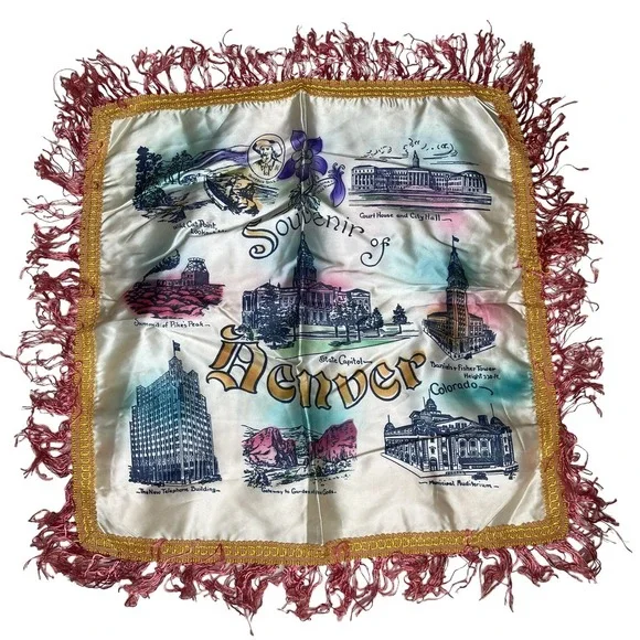 Vintage Souvenir of Denver Satin &Fringe Pillowcase Square 17