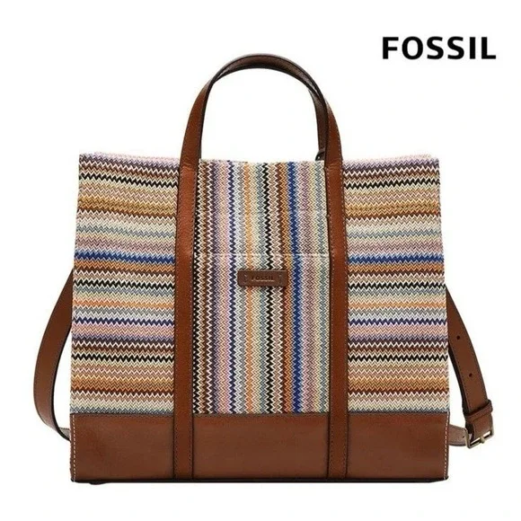 Fossil Carmen Tote Southwest Stripe Knit Leather Handles Boho Satchel Bag