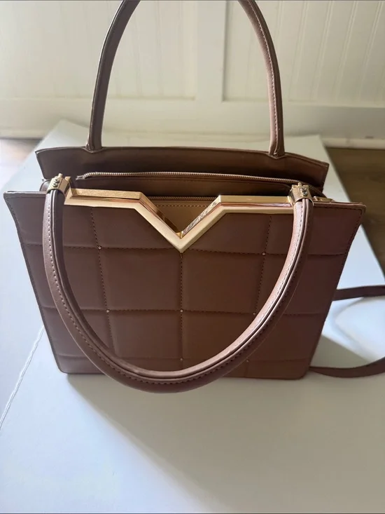 Structured Quilted Satchel in Brown with Gold Accent