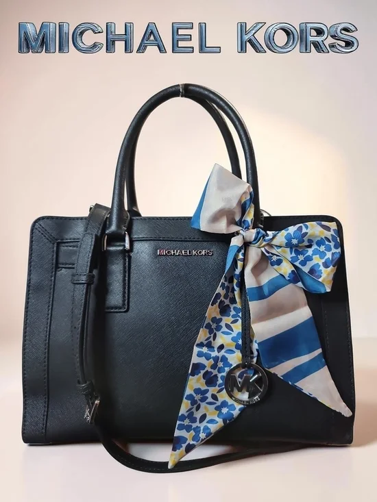 Michael Michael Kors Black Saffiano Leather Satchel with Floral Bag Scarf EUC