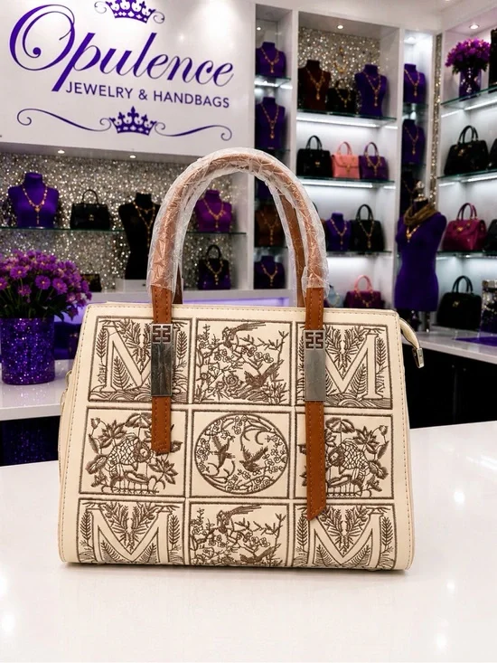 Embroidered Cream Satchel with Brown Handles
