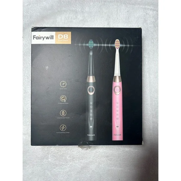 Fairywill D8 Sonic Electric Toothbrush Dual Pack Black Pink 8 Heads 2 Cases NEW