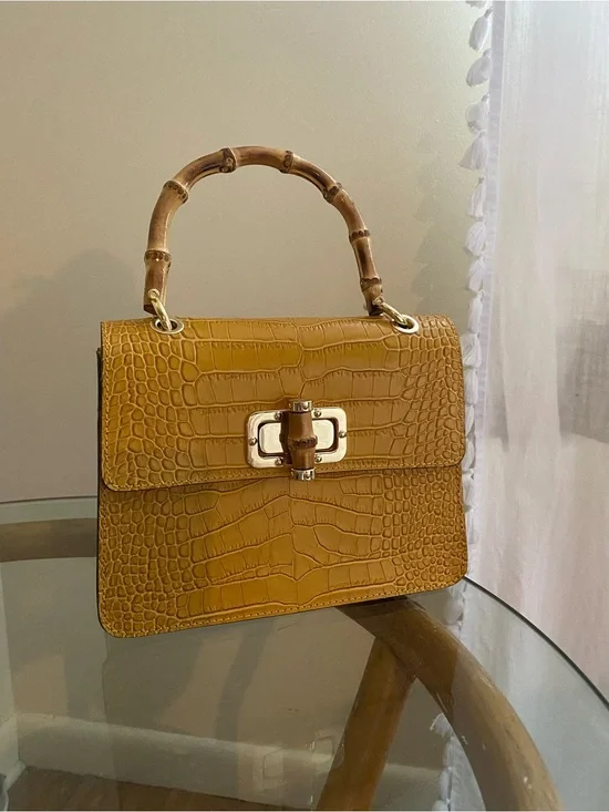 Italian Leather Mustard Croc-Embossed Bamboo Handle Bag
