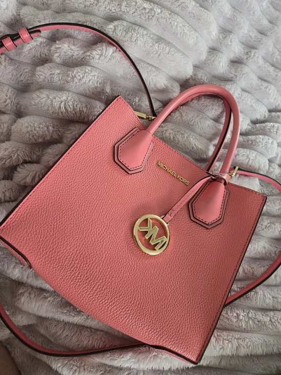 Michael Kors Coral Pink Saffiano Satchel with Gold MK Charm