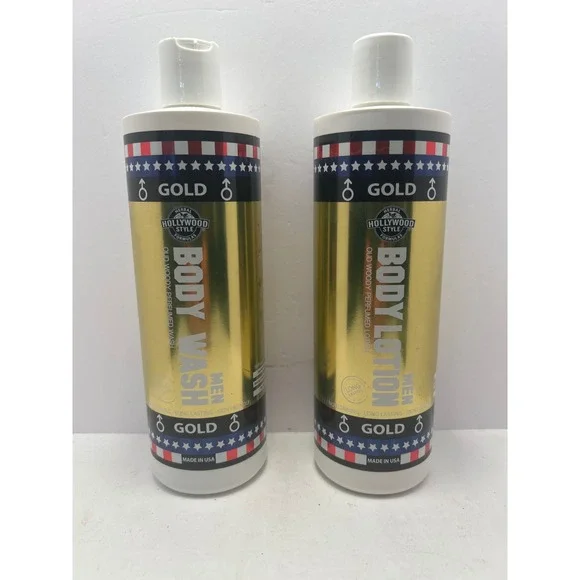 Hollywood Style Men Gold Body Wash and Body Lotion Set Oud Woody Perfumed 16oz