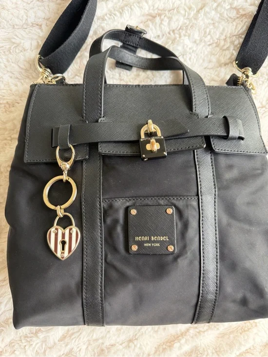 RARE Henri Bendel Black Nylon & Leather Bag with Gold Hardware and Charm