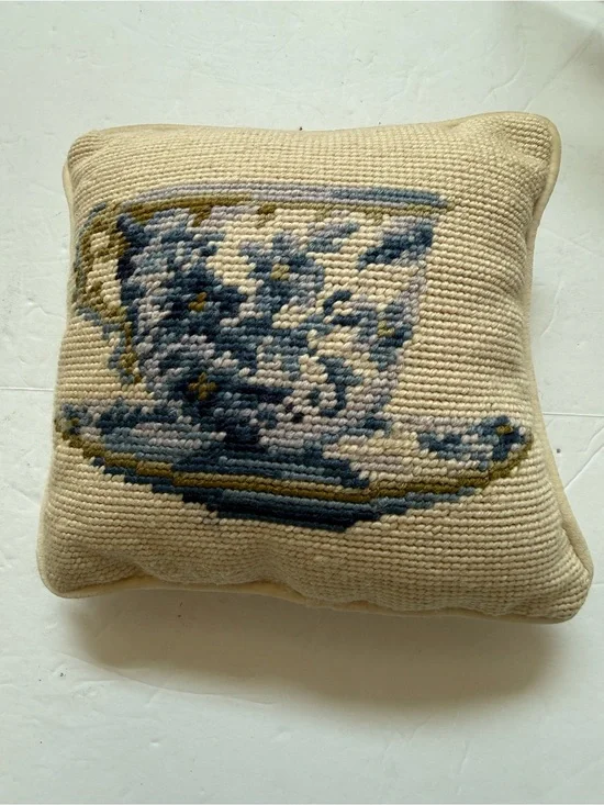 Vintage Mini Needlepoint Pillow Blue & White Willow Chinoiserie Style 8” x 8”