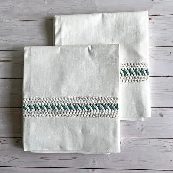 Set of 2 Vintage White Pillowcases Crocheted Lace Inset with Woven Green Ribbon
