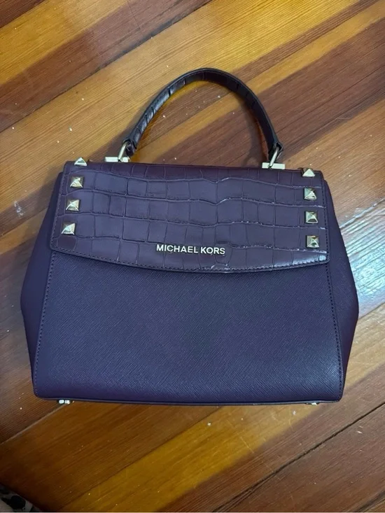 Michael Kors Plum Croc-Trim Top-Handle Satchel with Gold Studs