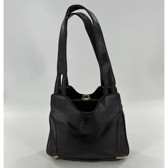 Vintage Mid Century‎ Modern Lou Taylor Leather Satchel Shoulder Brown Bag Mirror