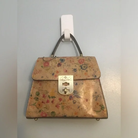 Floral Print Top-Handle Bag in Beige with Gold Hardware