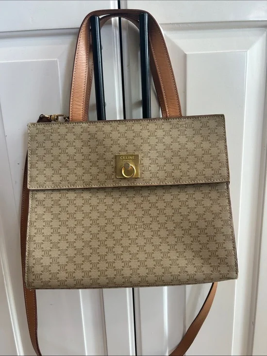 CELINE Beige Triomphe Canvas Satchel with Tan Leather Trim 10”X9”X4,5