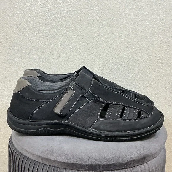 Propet Jack Mens Fisherman Sandals 13  Black Leather Adjustable Hook‎ And Loop