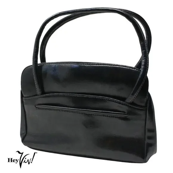 Vintage Large Black Handbag Purse Double Handle Flat Bottom 12x8.5