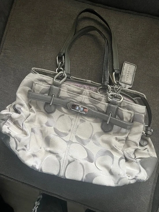 Authentic Coach F78003 Signature Jacquard Carryall Satchel Gray/Silver w/ Dust B