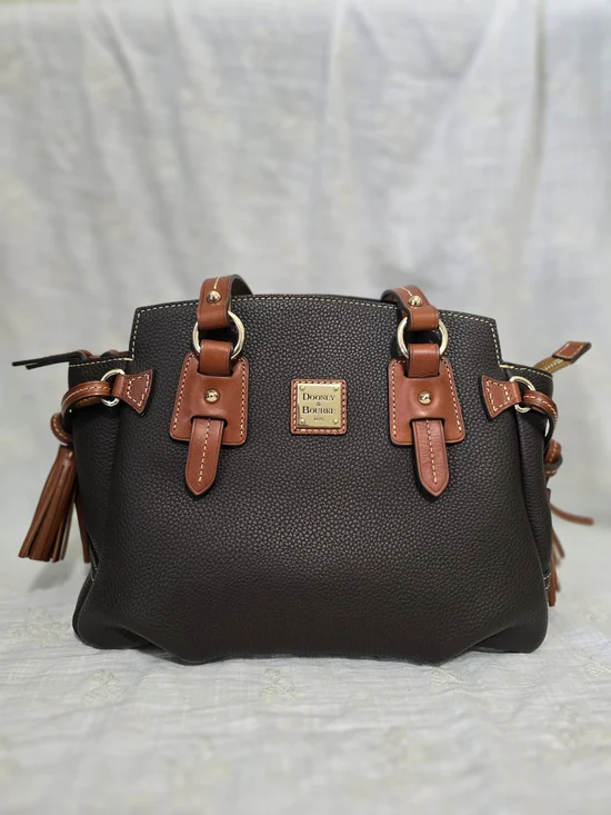 Dooney & Bourke Brown Pebbled Leather Satchel with Tan Trim
